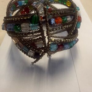 Multicolor Beaded Wire Cuff Bracelet - Antique Brass Tone